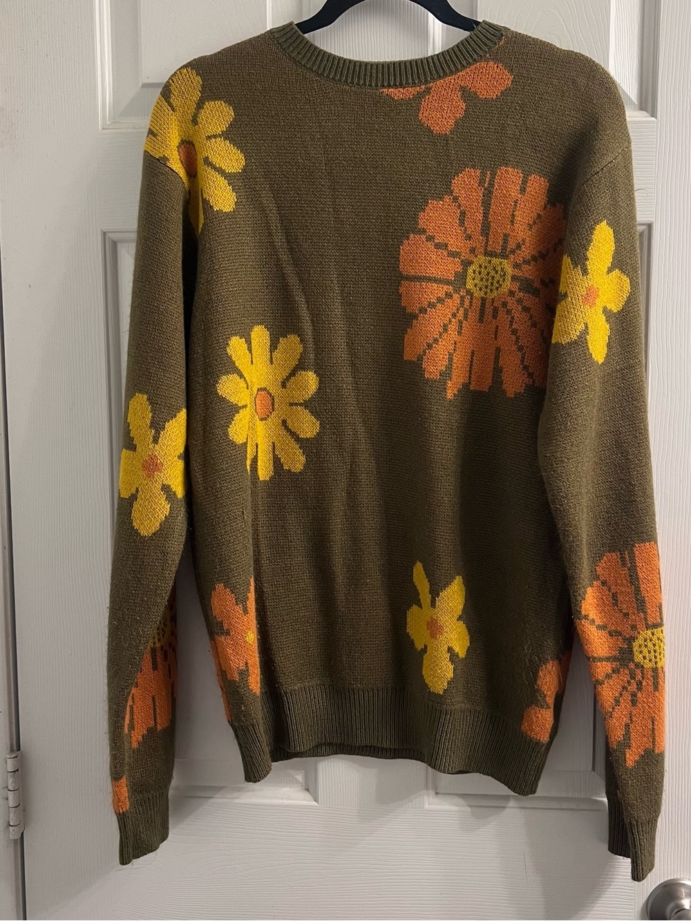 Olive Floral Crewneck Sweater - Yellow & Orange Flower Motif Knit Retro L